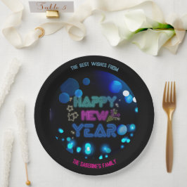 ブラック&ブルー ミッドナイト スパークル ネオン グロー 新年 ペーパープレート