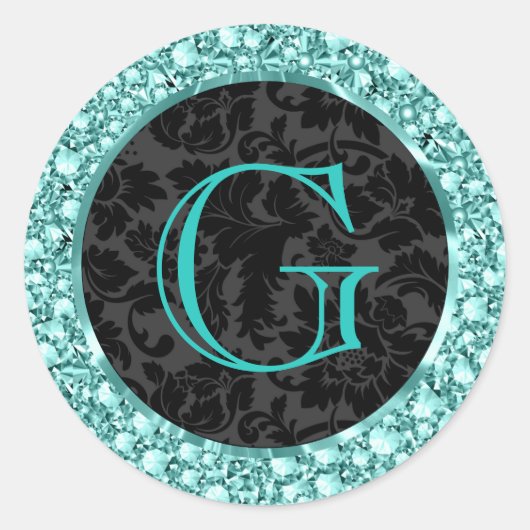 ブラック&ブルーGダイヤモンドきらめくグリッター – モノグラム ラウンドシール (正面)