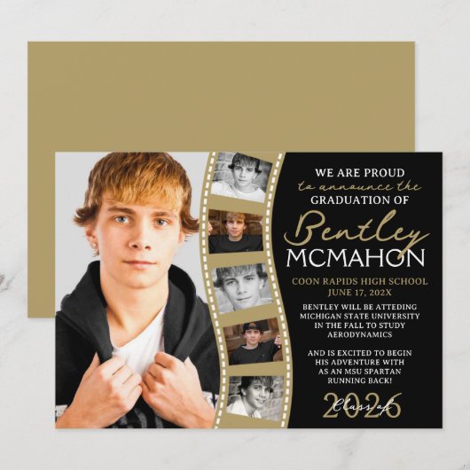 ブラック&ブロンズ写真フィルムストリップのグラッドアナウンス 招待状 (正面/裏面)