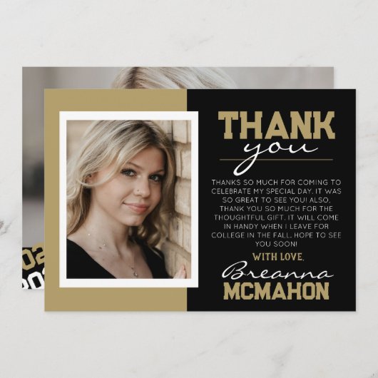 ブラック&ブロンズ卒業2フォトサンキューカード 招待状 (正面/裏面)