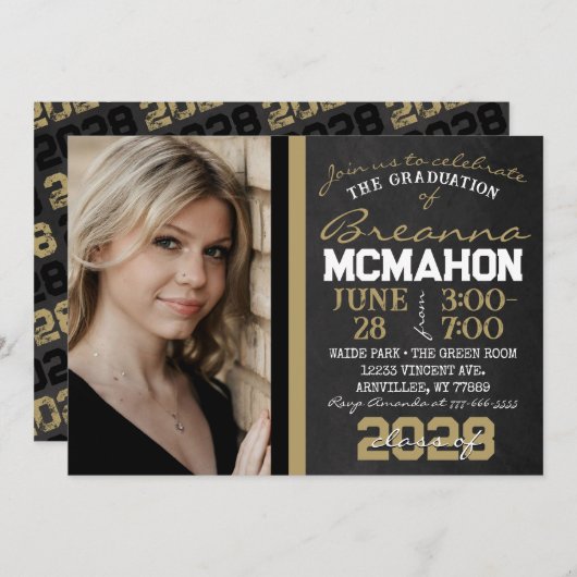 ブラック&ブロンズ金ゴールドシャルボード卒業写真 招待状 (正面/裏面)
