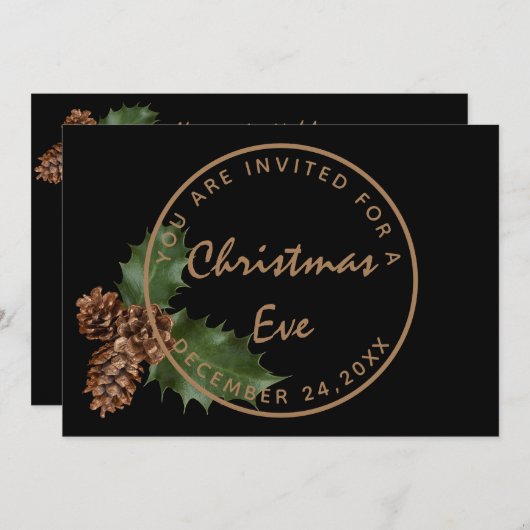 ブラック ブロンズ クリスマスイブ 夕食 冬のパーティー 招待状 (正面/裏面)