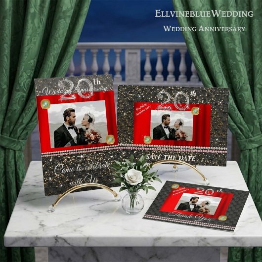 ブラック、プラチナ＆パールズ 20周年記念 結婚式 招待状