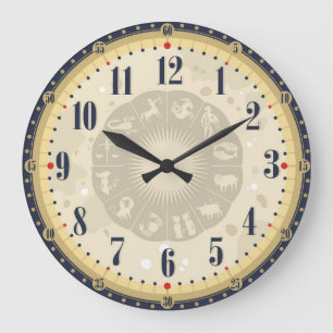 ブラック&ベージュヴィンテージクロック〔占星術の〕十二宮図シンボルや象徴アンティーク ラージ壁時計