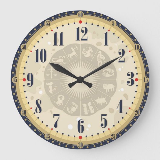 ブラック&ベージュヴィンテージクロック〔占星術の〕十二宮図シンボルや象徴アンティーク ラージ壁時計 (正面)