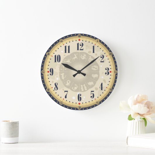 ブラック&ベージュヴィンテージクロック〔占星術の〕十二宮図シンボルや象徴アンティーク ラージ壁時計 (ホーム)