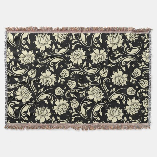ブラック&ベージュヴィンテージフローラダマスク3 スローブランケット (正面)