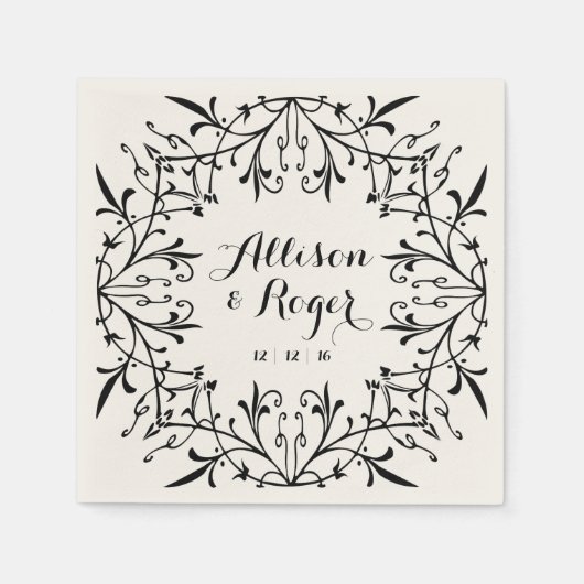 ブラック&ベージュ色ファンシーヴィンテージウェディング スタンダードカクテルナプキン (正面)