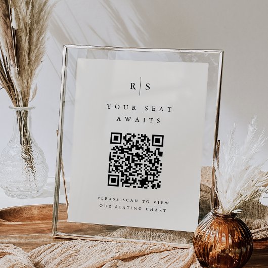 ブラック&ベージュ色モノグラムQRコー結婚ドのシーティングサイン ポスター