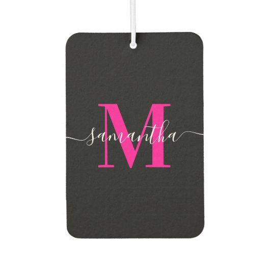 ブラック&ホットピンクのシグネチャーモダンモノグラム写真 カーエアーフレッシュナー (正面)