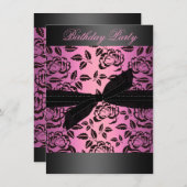 ブラック/ホットピンクバラ&ボウ誕生日招待状 招待状 (正面/裏面)