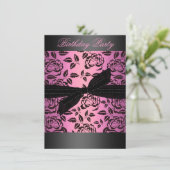 ブラック/ホットピンクバラ&ボウ誕生日招待状 招待状 (スタンド正面)