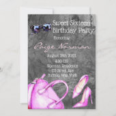 ブラック&ホットピンクファッションスウィート16誕生日パーティー 招待状 (正面)