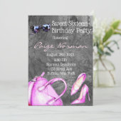 ブラック&ホットピンクファッションスウィート16誕生日パーティー 招待状 (スタンド正面)