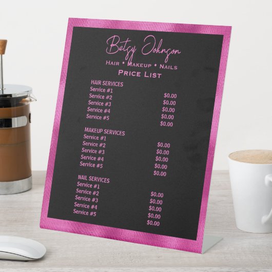 ブラック&ホットピンクフェイクフォイル美しいサロン価格表 台座サイン (インサイチュ)