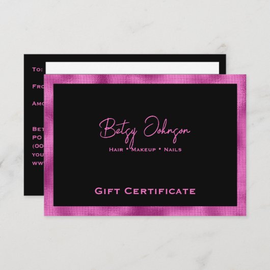 ブラック&ホットピンクフォイルフェイクギフト証明書カード 招待状 (正面/裏面)