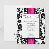 ブラック/ホットピンクフローラダマスクサンキューカード 招待状 (正面/裏面)