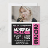 ブラック&ホットピンクモダン卒業写真 招待状 (正面)