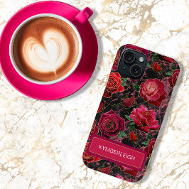 ブラック ホットピンク グラム ローズ 大理石 モノグラム 名前 iPhone 15ケース