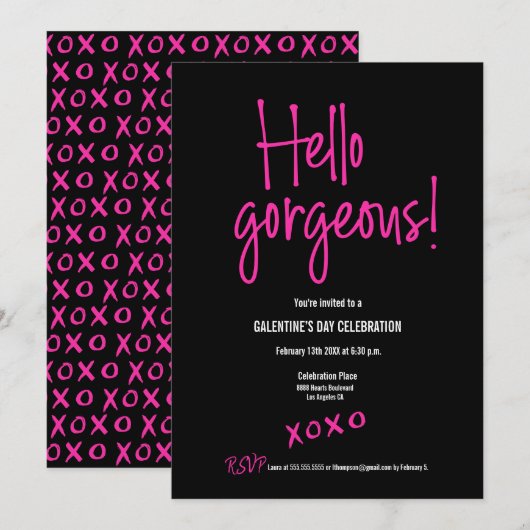 ブラック ホットピンク ハロー gorgeous Galentine's Day xoxo 招待状 (正面/裏面)