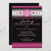 ブラック&ホット明るい赤紫色航海のバースデーパーティー 招待状 (正面/裏面)