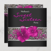 ブラック ホット ピンク レオパード 誕生日パーティー 招待状 (正面/裏面)