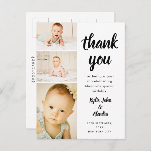 ブラック&ホワイトありがとうおベビー誕生日写真 ポストカード (正面/裏面)