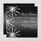 ブラック&ホワイトきらめくスノーフレーク誕生日招待状 招待状 (正面/裏面)