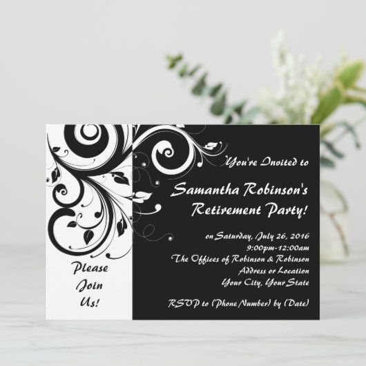 ブラック+ホワイトつる植物スワールリタイアメントパーティの招待状 招待状 (スタンド正面)