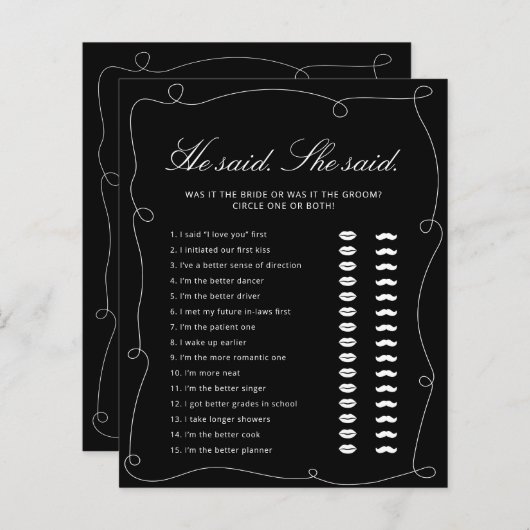 ブラック&ホワイトと彼は言った。彼女はブライダルシャワーゲームを言った (正面/裏面)