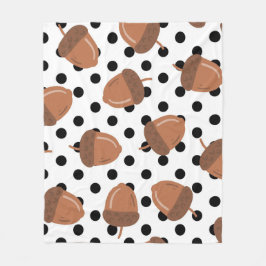 ブラック＆ホワイトのどんぐり植物ポルカドットコージー秋 フリースブランケット