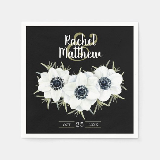 ブラック&ホワイトのアネモネの水結婚色のナプキン スタンダードカクテルナプキン (正面)