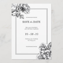 ブラック＆ホワイトのエッチングフラワーの結婚式のSave the Date
