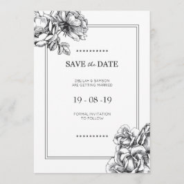 ブラック＆ホワイトのエッチングフラワーの結婚式のSave the Date 招待状