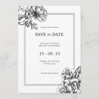 ブラック&ホワイトのエッチングフラワーの結婚式のSave the Date 招待状