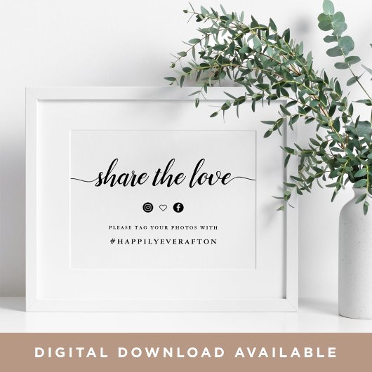 ブラック&ホワイトのカリグラフィー結婚式ハッシュタグサイン ポスター