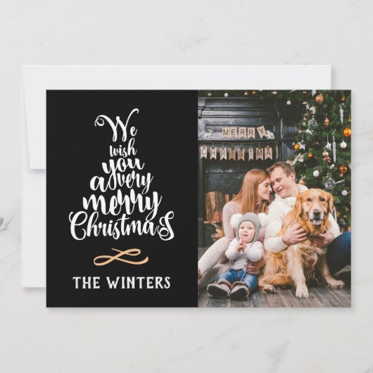 ブラック＆ホワイトのクリスマスツリー文字の写真 シーズンカード (正面)