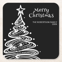 ブラック＆ホワイトのクリスマスパーティーツリー スクエアペーパーコースター