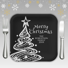 ブラック＆ホワイトのクリスマスパーティーツリー ペーパープレート