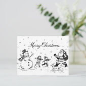 ブラック&ホワイトのクリスマス ポストカード - 雪だるま、サンタ (スタンド正面)