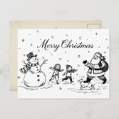 ブラック&ホワイトのクリスマス ポストカード - 雪だるま、サンタ (正面/裏面)