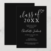 ブラック&ホワイトのスクリプトハート卒業パーティー 招待状 (正面/裏面)