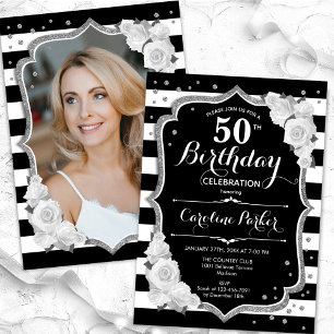ブラック・ホワイトのストライプとシルバーの写真を使った50歳の誕生日 招待状