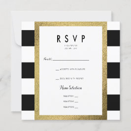 ブラック&ホワイトのストライプにゴールド箔のRSVP結婚式 出欠カード