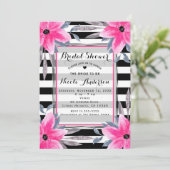 ブラック＆ホワイトのストライプにピンクの花のモダンな植物学 招待状 (スタンド正面)