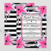 ブラック＆ホワイトのストライプにピンクの花のモダンな植物学 招待状 (正面/裏面)