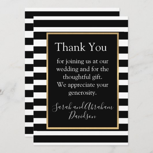 ブラック＆ホワイトのストライプ  ありがとうカード（プリフィル済） 招待状 (正面/裏面)