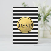 ブラック＆ホワイトのストライプ ゴールドホイル ウェディング RSVP カード (スタンド正面)