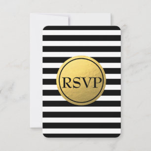 ブラック&ホワイトのストライプ ゴールドホイル 結婚式 RSVP カード