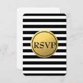 ブラック＆ホワイトのストライプ ゴールド箔 ウェディング RSVP カード (正面/裏面)